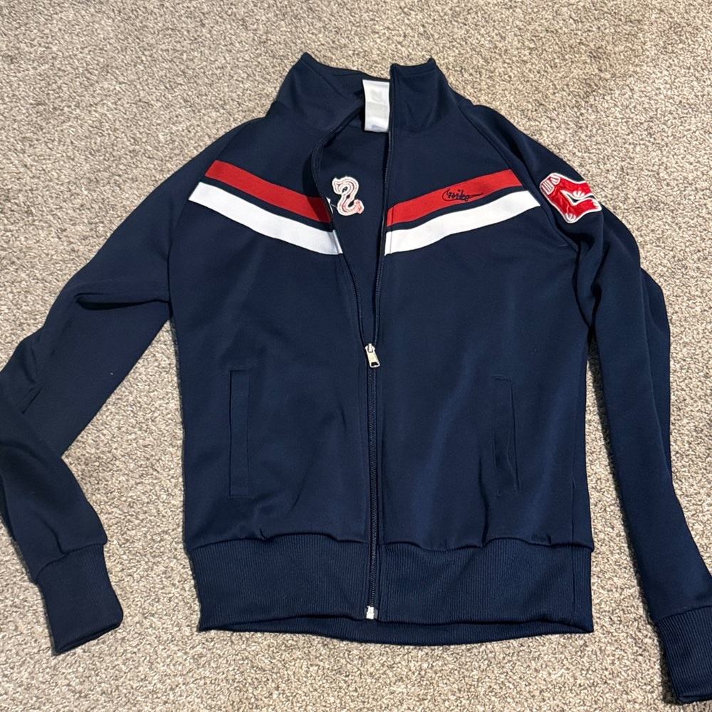 Navy Red Sox Track Jacket with Red and White Stripes
